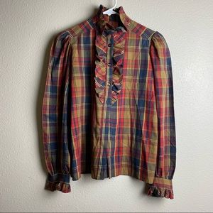 Vintage plaid blouse with ruffle bib